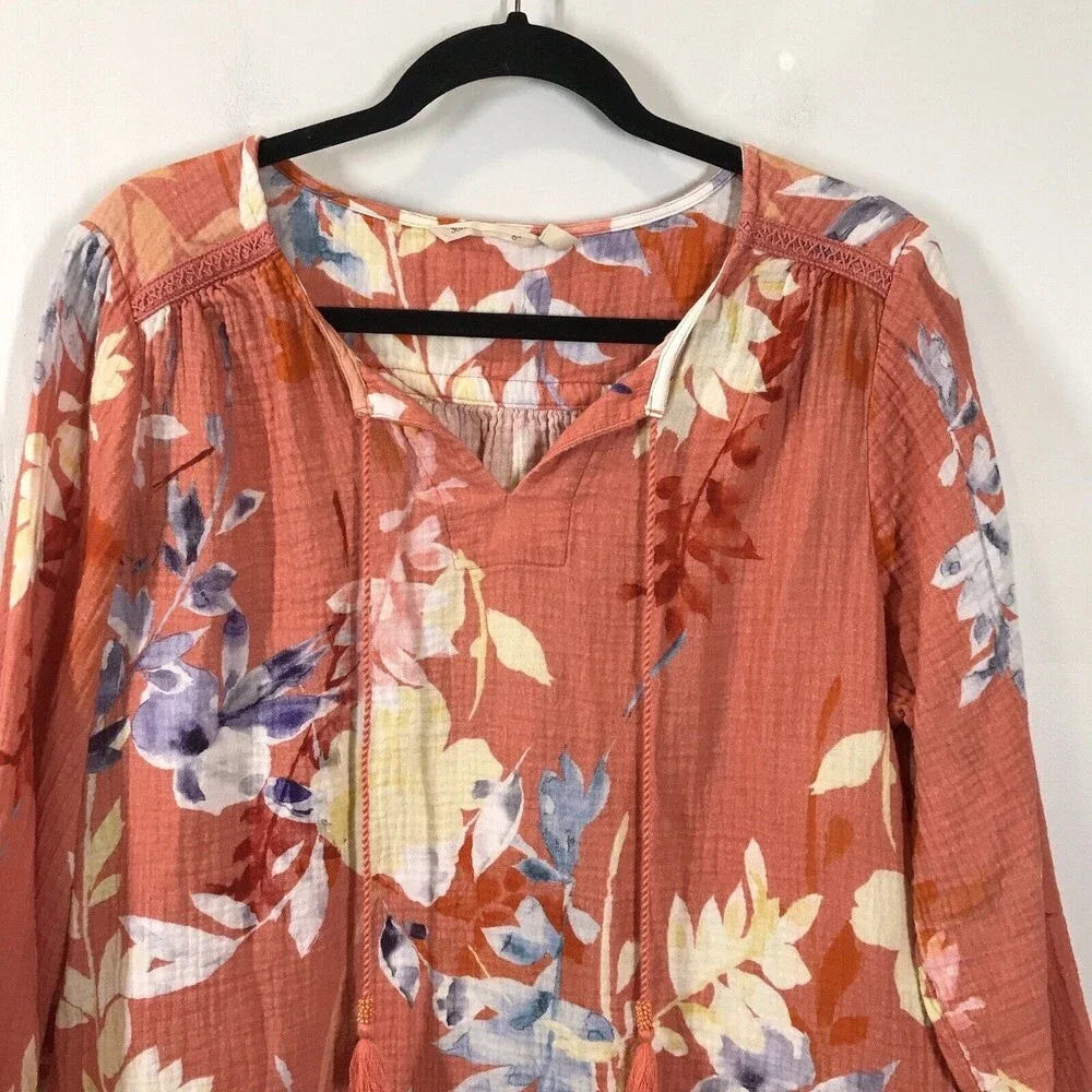 Soft Surrounding Women's Floral Peasant Top Size PL Orange 3/4 Sleeve Tassel